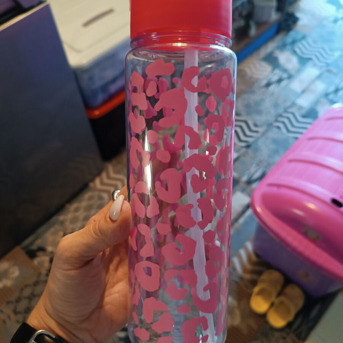 School Transparent Plastic Water Bottle with Pink Leopard Print Flip-Top Cap