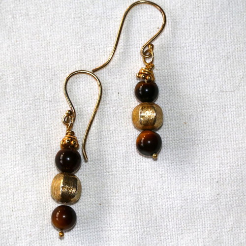 Gold earrings with tiger's eye and 22K gold-plated clasp, new