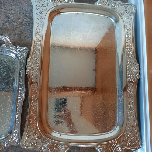 Vintage serving trays set used, stainless steel, carved