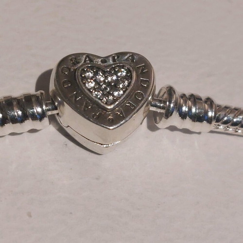 Pandora bracelet new with heart clasp and white zircon stones, sizes 18 and 20 cm