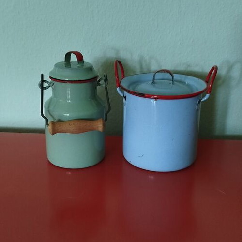 Vintage enamel containers, 1950s, blue and pistachio with red details