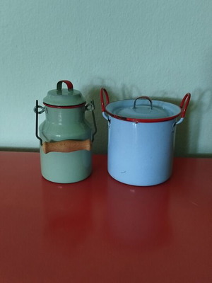 Vintage enamel containers, 1950s, blue and pistachio with red details