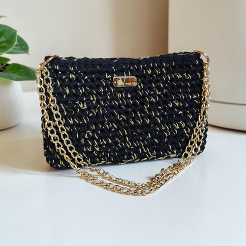 Handmade knitted crossbody bag black and gold, new