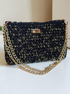 Handmade knitted crossbody bag black and gold, new