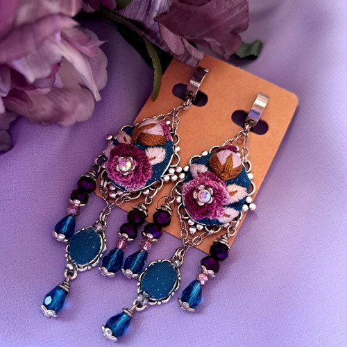 Handmade embroidered vintage earrings petrol-purple
