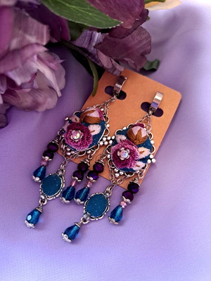 Handmade embroidered vintage earrings petrol-purple