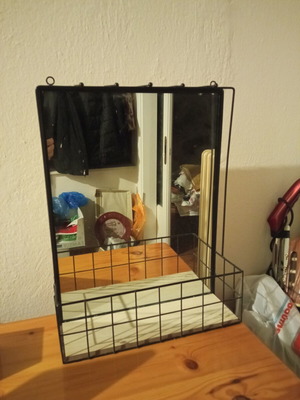 Mirror with shelf and hooks for accessories