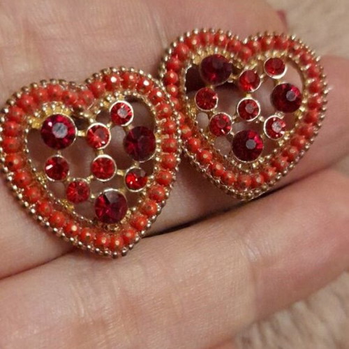 Heart earrings with rhinestones like new, red
