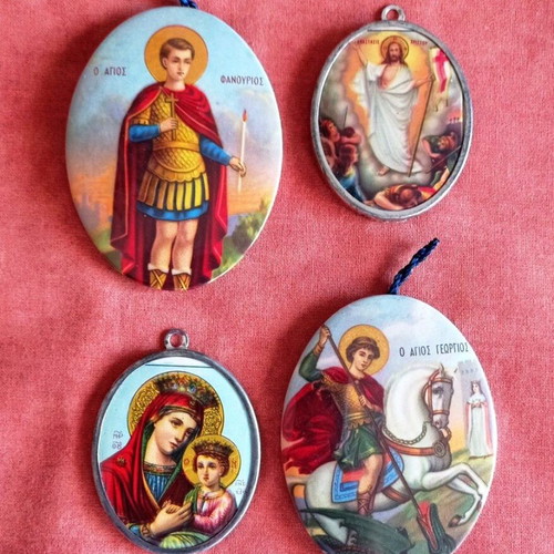 Set of 4 vintage oval religious icons with metal hanging Saint George gift