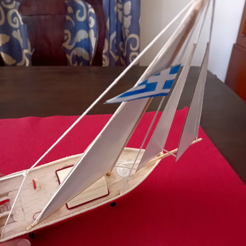 Wooden handmade boat new with Greek flag and miniature details