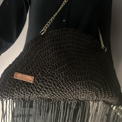 Handmade knitted shoulder bag with fringes dark brown
