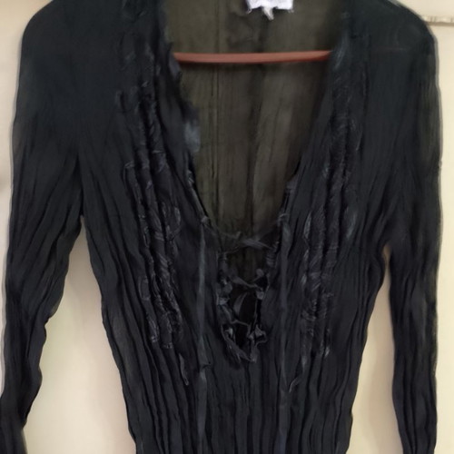Black sheer pleated blouse like new with satin embroidery