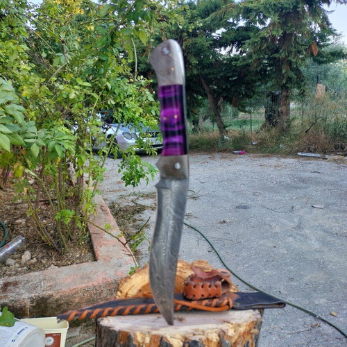 Handmade kukri style hunting knife Damascus steel with leather sheath