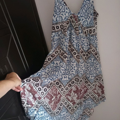 Asymmetric dress like new, brown and turquoise, viscose
