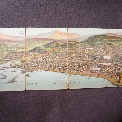 Thessaloniki panorama postcard used, 4-panel, 1919