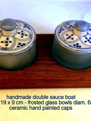 Handmade sauce boat pair like new with wooden base