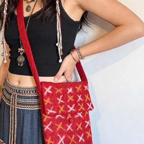 Handmade Crossbody Bag Used from Nepal Red Wool Felt