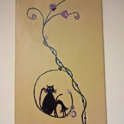 Handmade canvas painting 100x30cm Boho cat art mixed media like new