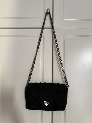 Handmade crochet shoulder bag like new, black with gunmetal chain