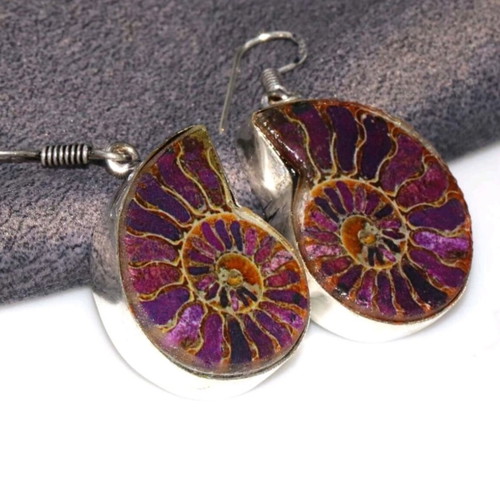 Silver Plated Earrings with Colorful Ammonite Design and Dichroic Glass