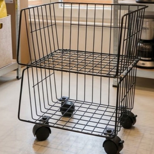 Metal rolling storage shelf basket, 2 levels, black