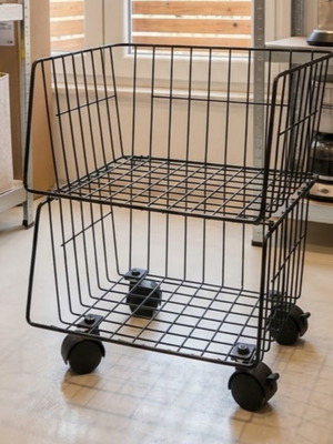 Metal rolling storage shelf basket, 2 levels, black