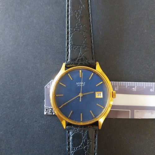 Miraz Swiss vintage men's wind-up watch NOS, gold plated, blue dial, leather strap 38mm