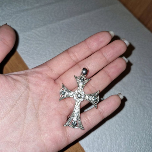 Fwo chantra cross for necklace silver with rhinestones used, missing one