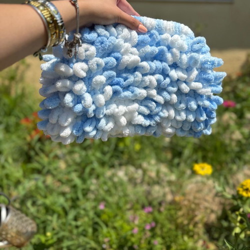 Puffy bag handmade, large size, white and blue