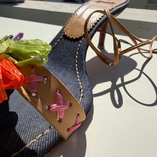 Le Silla Project Vintage Denim Raffia Flower Lace-Up Heels Size 38 like new