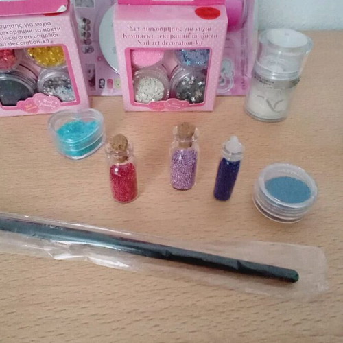 Nail art items used, decoration set with tips and glue