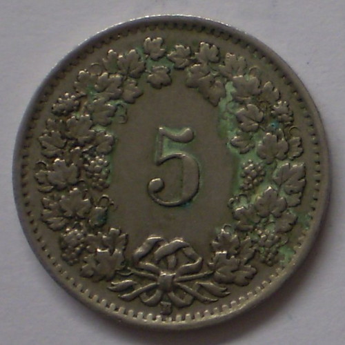 Switzerland 5 Rappen 1955B KM#26 coin used, Copper Nickel (Леф17)