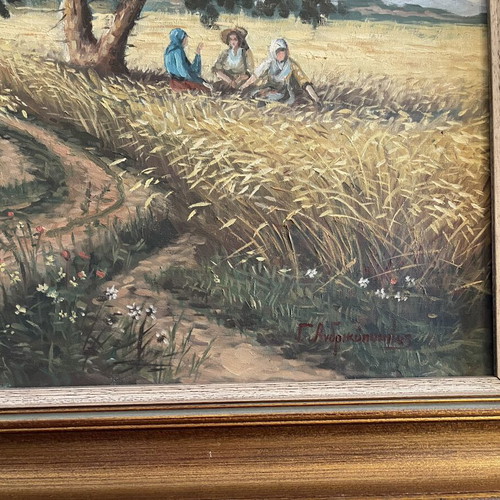 Oil painting on canvas by G. Andrikopoulos like new, traditional Greek harvest