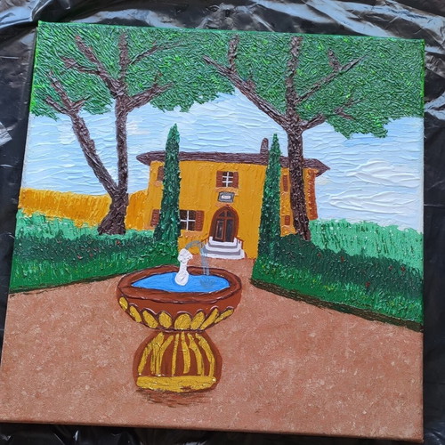 Painting on canvas Villa with fountain, new, 39x39 cm