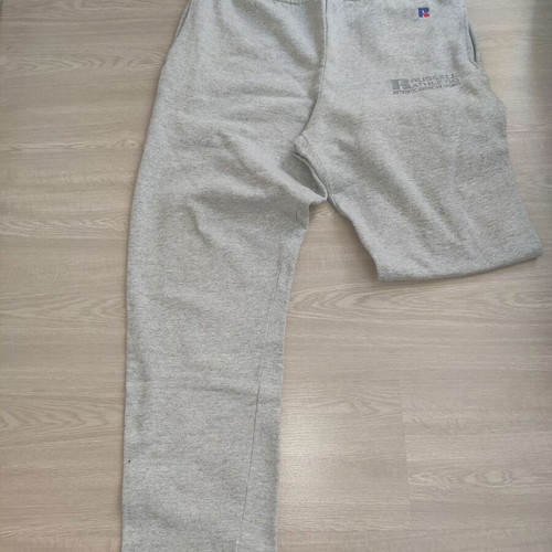 Russell Athletic men's light grey sweatpants with embroidered logo, size M-L