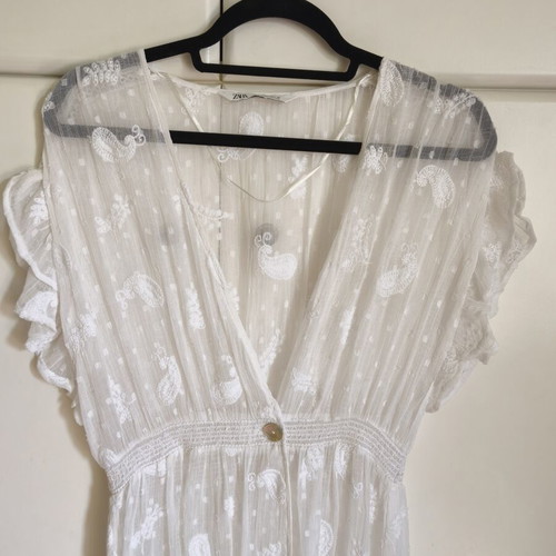 Zara maxi transparent polka dot embroidered shirt caftan off-white size S like new