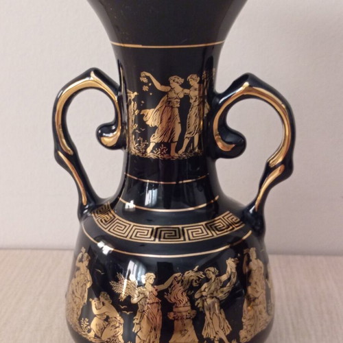 Two 24K Gold Handmade Vintage Vase and Amphora with Ancient Greek Scenes like new