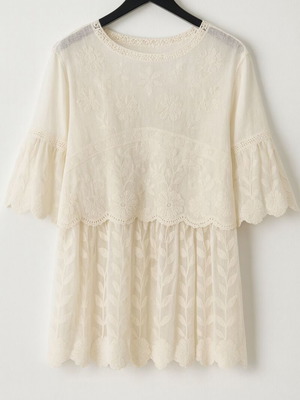 Ecru lace blouse new with embroidered flowers, size Large