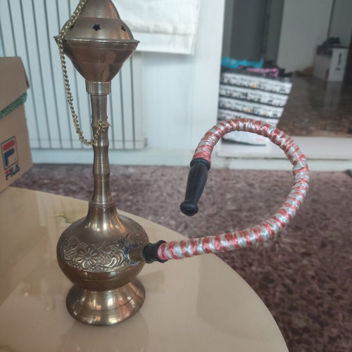 Decorative hookah vintage style metal with embossed designs and fabric hose like new