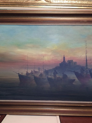 Oil painting used signed with boats at dusk theme 120x80 cm