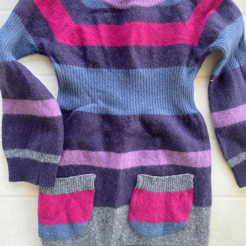 Benetton mohair striped dress, 2 elastic waist pants, Benetton zip-up jacket, H&M printed long sleeve