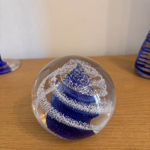 Bohemian Crystal Paperweight with Blue and White Swirls like new