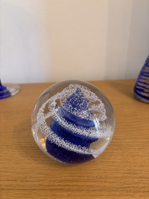 Bohemian Crystal Paperweight with Blue and White Swirls like new