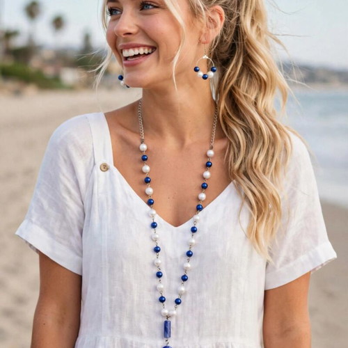 Royal Blue and White Necklace and Earrings Set new