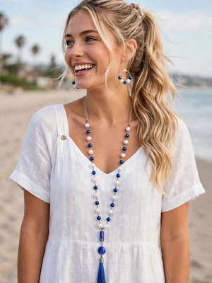 Royal Blue and White Necklace and Earrings Set new