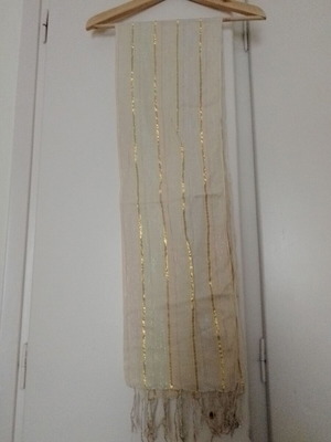 Long women's scarf like new, beige with gold stripes