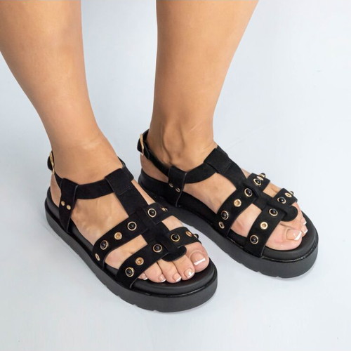 Flatform sandals with side cutouts and studs new, black