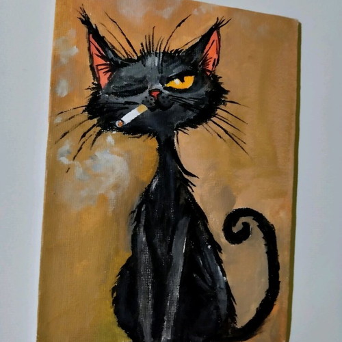 Handmade painting Black Cat new, acrylic on canvas 13×18 cm