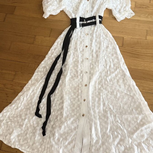 Midi dress S like new, white with puff sleeves and black waist ties