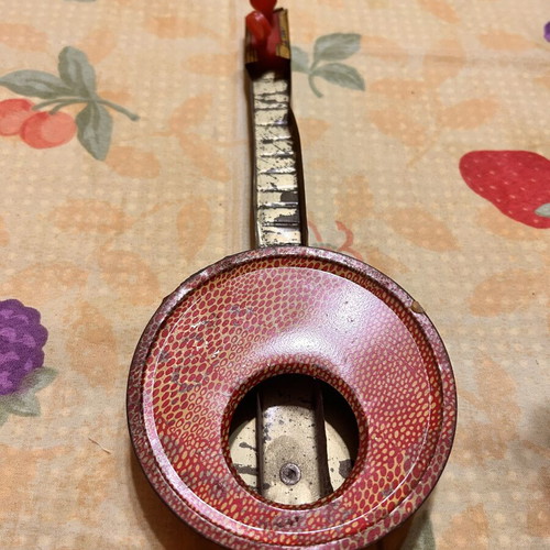 Greek Panigyriotiko tin toy banjo with monkey lithograph
